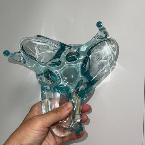 Vintage Mid Century Controlled Bubble Three Sided Glass Dish Blue - Picture 4 of 10